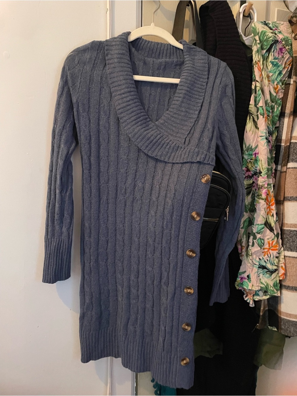 SHEIN Blue Cable-Knit Shawl Collar Button-Accent Sweater Dress